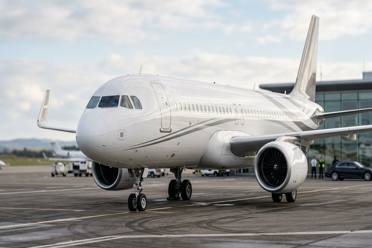 Airbus Corporate Jet (ACJ), avion VIP en livrée blanche sur le tarmac