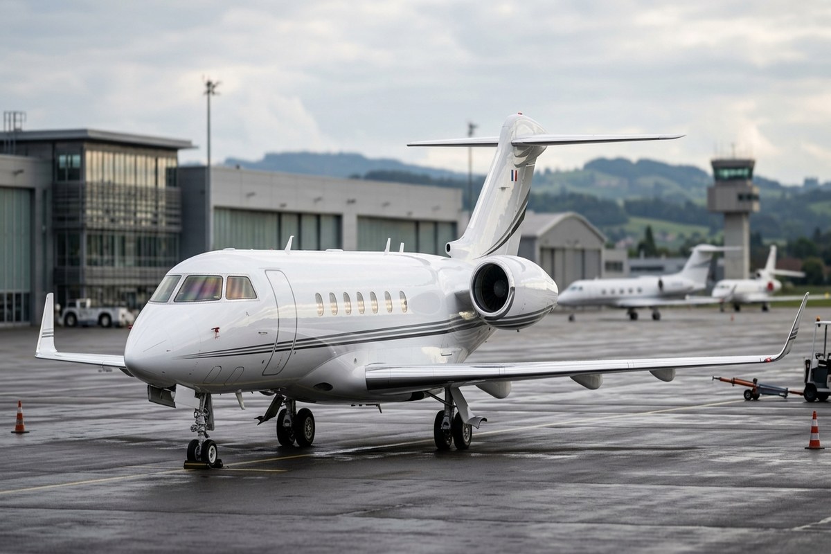Jet d'affaires Dassault Falcon sur le tarmac, aux couleurs françaises
